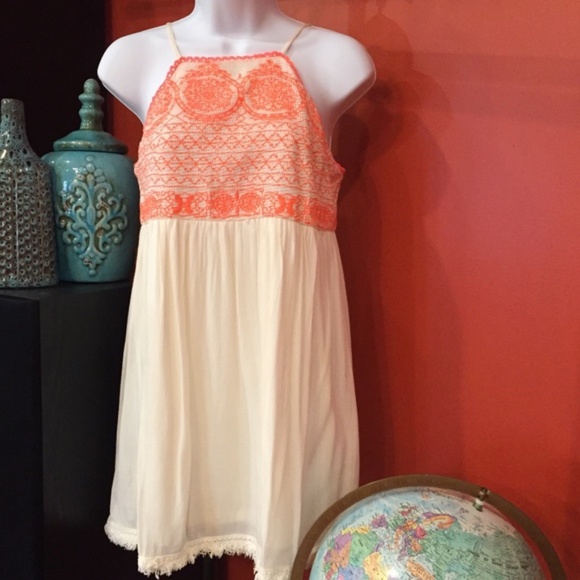 Blu Pepper Orange Embroidered Ivory Dress Large - Picture 1 of 8